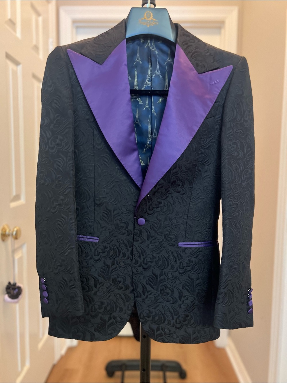 Black Brocade Blazer with Purple Satin Peak Lapel - Evening Jacket & Pants set
